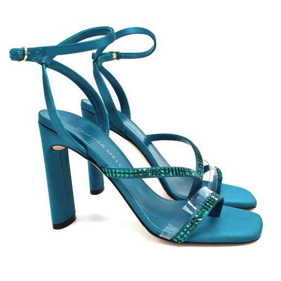 Tamara Mellon High Stakes Blue Satin Crystal Embellish Sandal Heels 36.6NEW